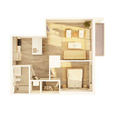 Floor plan for 1 bed, 1 bath